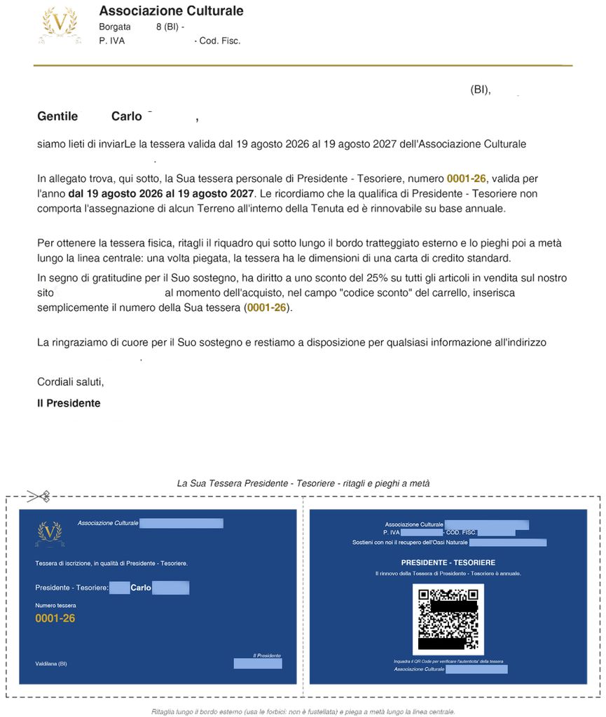 Lettera-tessera di base prodotta dal plugin
